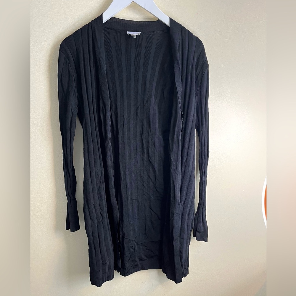 ecru Black Ribbed Open-Front Cardigan Pockets Minimalist Quiet Luxury